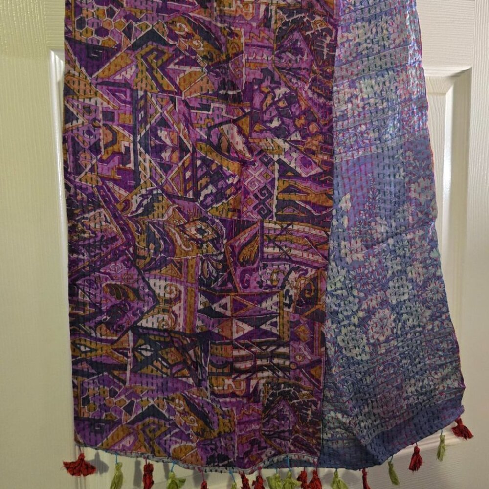 NEW Authentic Vintage Silk Kantha Scarf Handmade Bohemian Wrap Scarf Reversible